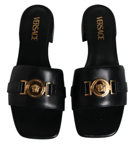 Versace Black Leather Logo Plaque Slip On Slides Flats Shoes