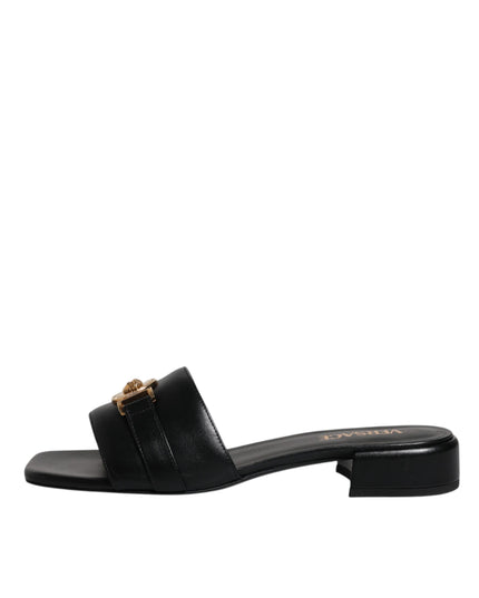 Versace Black Leather Logo Plaque Slip On Slides Flats Shoes
