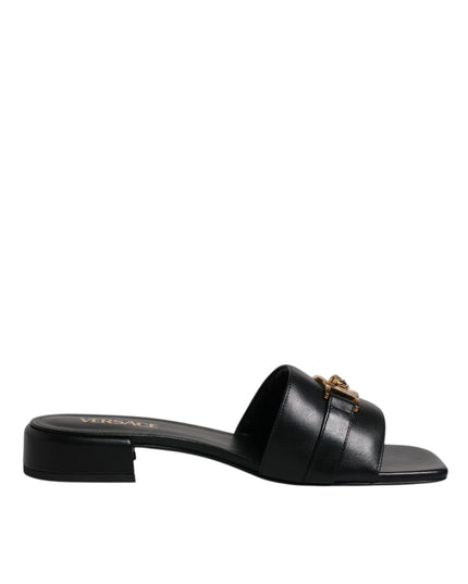 Versace Black Leather Logo Plaque Slip On Slides Flats Shoes