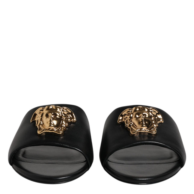 Versace Black Leather Logo Plaque Slip On Slides Flats Shoes