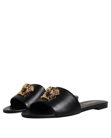 Versace Black Leather Logo Plaque Slip On Slides Flats Shoes
