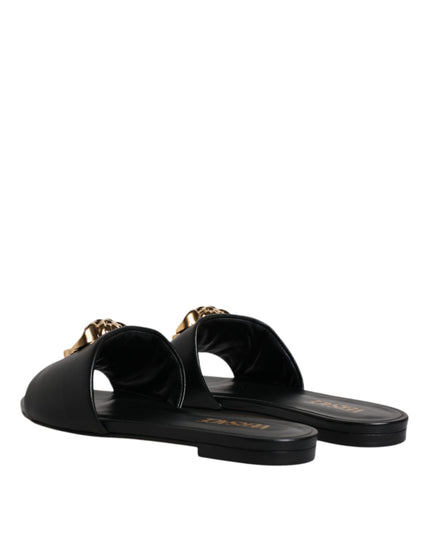 Versace Black Leather Logo Plaque Slip On Slides Flats Shoes