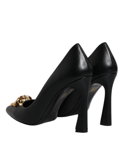 Versace Black Leather Logo Plaque High Heels Pumps Shoes