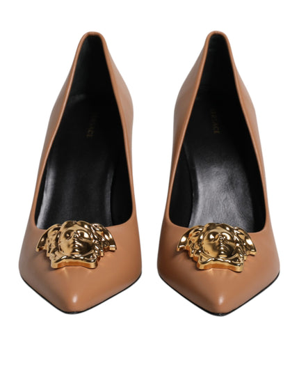 Versace Brown Leather Logo Plaque High Heels Pumps Shoes