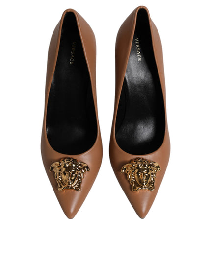 Versace Brown Leather Logo Plaque High Heels Pumps Shoes