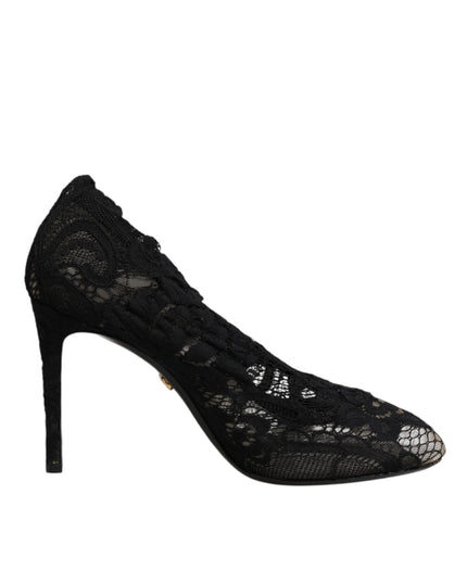 Dolce & Gabbana Black Lace Stretch Heels Mid Calf Boots Shoes