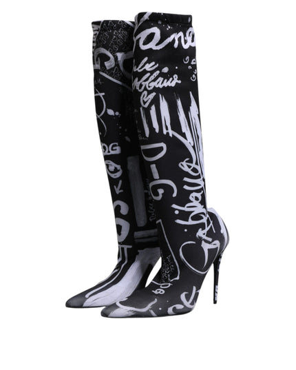 Dolce & Gabbana Black Logo Stretch Heels High Boots Shoes