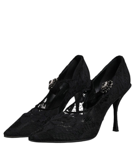 Dolce & Gabbana Black Lace Crystals Mary Jane Pumps Shoes