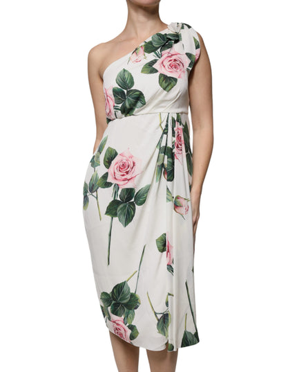 Dolce & Gabbana White Floral Silk One Shoulder Midi Dress