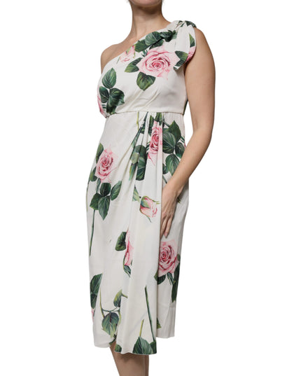 Dolce & Gabbana White Floral Silk One Shoulder Midi Dress
