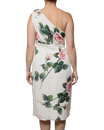 Dolce & Gabbana White Floral Silk One Shoulder Midi Dress
