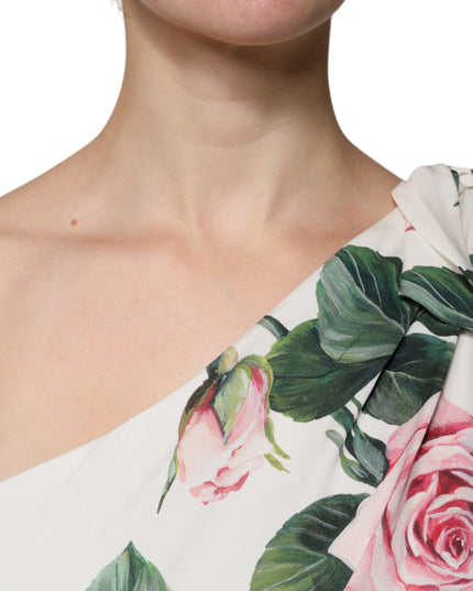 Dolce & Gabbana White Floral Silk One Shoulder Midi Dress