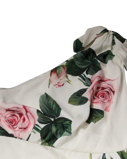 Dolce & Gabbana White Floral Silk One Shoulder Midi Dress