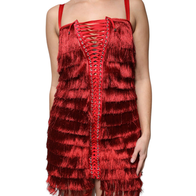Dolce & Gabbana Red Lace Tassel Sleeveless Sheath Mini Dress