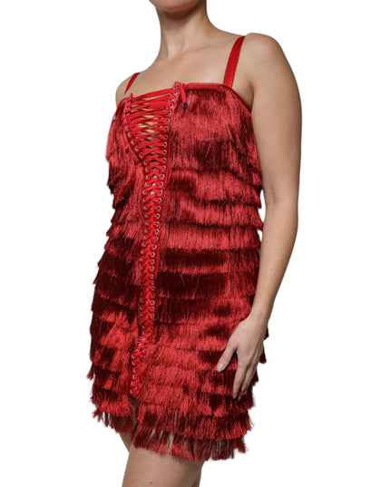 Dolce & Gabbana Red Lace Tassel Sleeveless Sheath Mini Dress