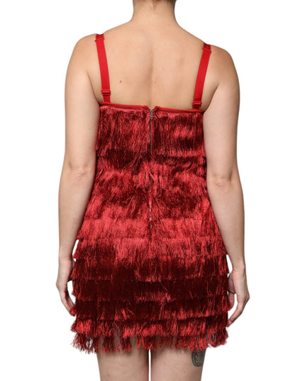 Dolce & Gabbana Red Lace Tassel Sleeveless Sheath Mini Dress
