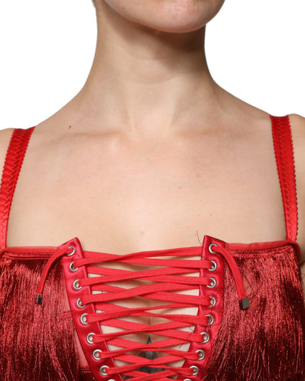Dolce & Gabbana Red Lace Tassel Sleeveless Sheath Mini Dress