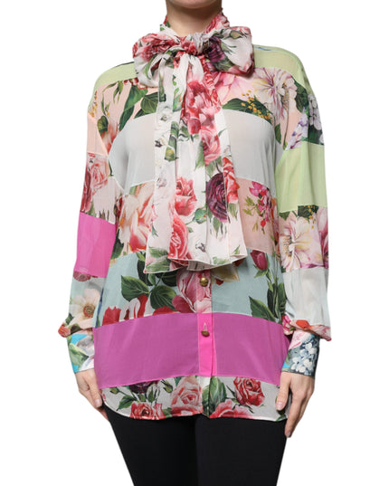 Dolce & Gabbana Multicolor Floral Patchwork Ascot Collar Top