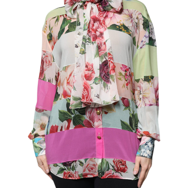 Dolce & Gabbana Multicolor Floral Patchwork Ascot Collar Top
