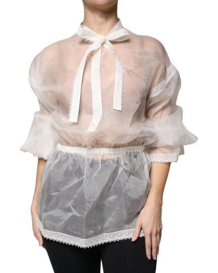 Dolce & Gabbana White Ascot Collar Long Sleeves Blouse Top