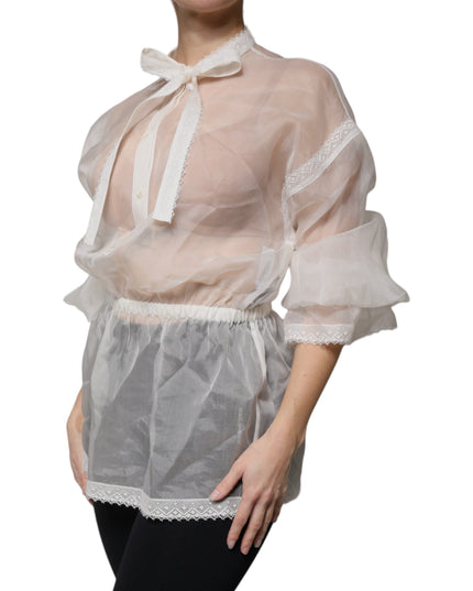 Dolce & Gabbana White Ascot Collar Long Sleeves Blouse Top