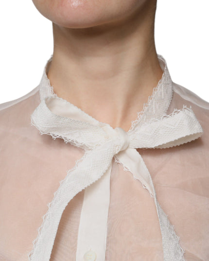 Dolce & Gabbana White Ascot Collar Long Sleeves Blouse Top