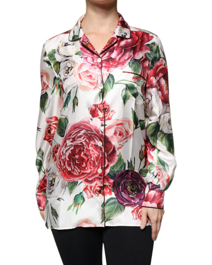 Dolce & Gabbana White Peony Silk Long Sleeves Collared Blouse Top