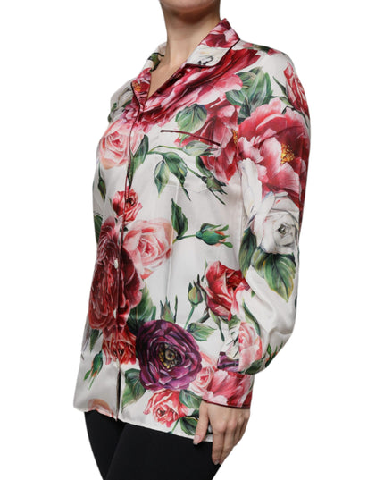 Dolce & Gabbana White Peony Silk Long Sleeves Collared Blouse Top