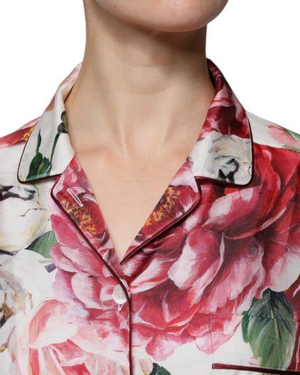 Dolce & Gabbana White Peony Silk Long Sleeves Collared Blouse Top