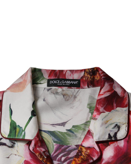 Dolce & Gabbana White Peony Silk Long Sleeves Collared Blouse Top