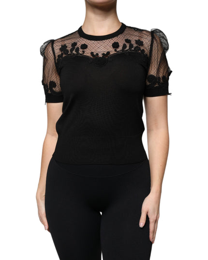 Dolce & Gabbana Black Floral Lace Short Sleeves Blouse Top