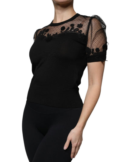 Dolce & Gabbana Black Floral Lace Short Sleeves Blouse Top