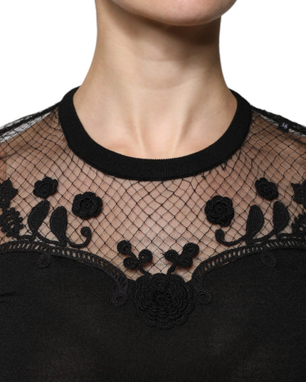 Dolce & Gabbana Black Floral Lace Short Sleeves Blouse Top