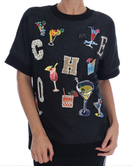 Dolce & Gabbana Black Brocade Cocktail Crystal Sweater