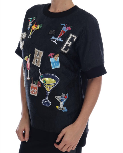 Dolce & Gabbana Black Brocade Cocktail Crystal Sweater