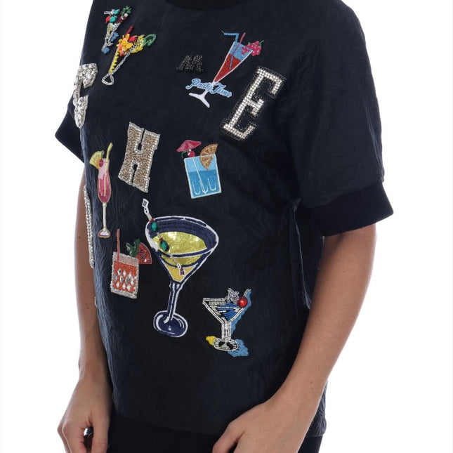 Dolce & Gabbana Black Brocade Cocktail Crystal Sweater