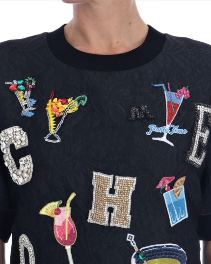 Dolce & Gabbana Black Brocade Cocktail Crystal Sweater