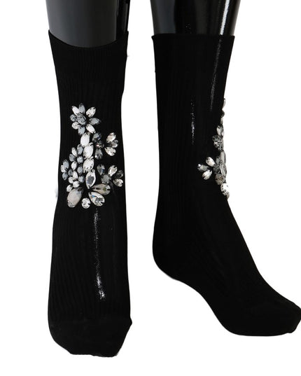 Dolce & Gabbana Black Knitted Floral Clear Crystal Socks