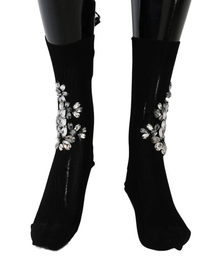 Dolce & Gabbana Black Knitted Floral Clear Crystal Socks