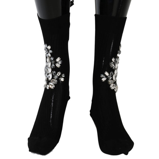 Dolce & Gabbana Black Knitted Floral Clear Crystal Socks