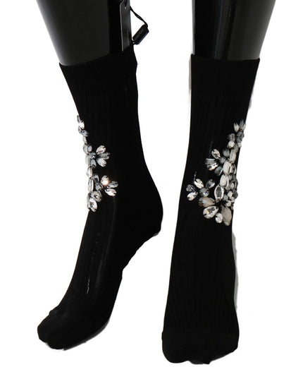 Dolce & Gabbana Black Knitted Floral Clear Crystal Socks