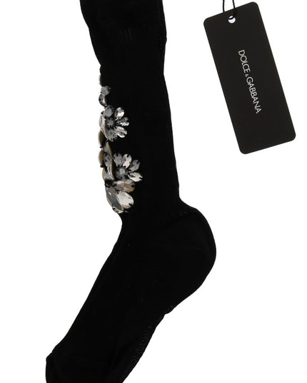 Dolce & Gabbana Black Knitted Floral Clear Crystal Socks