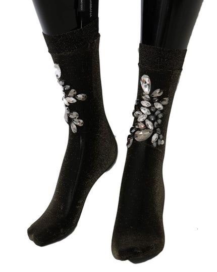 Dolce & Gabbana Black Stretch Floral Clear Crystal Socks