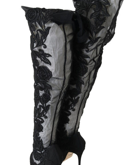 Dolce & Gabbana Black Floral Embroidered Socks Boots