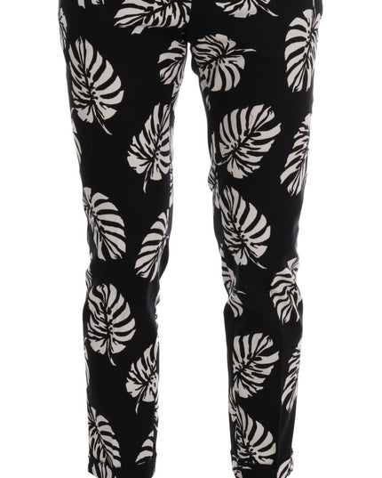 Dolce & Gabbana White Black Leaf Cotton Stretch Slim Pants