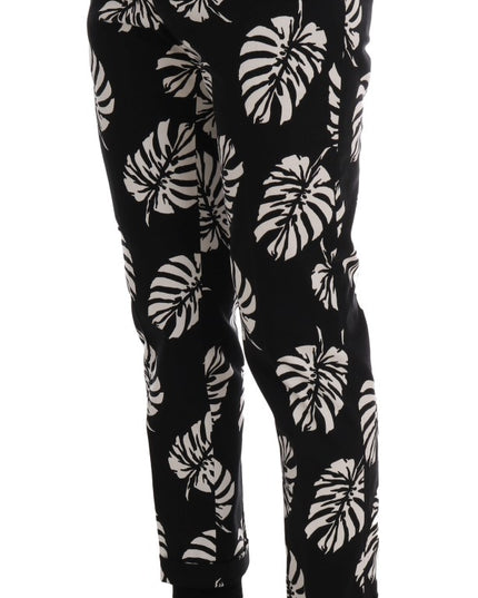 Dolce & Gabbana White Black Leaf Cotton Stretch Slim Pants