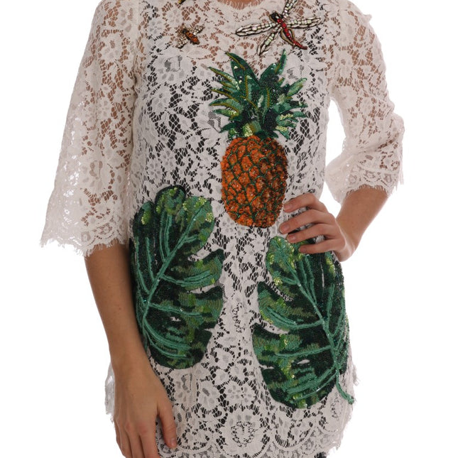 Dolce & Gabbana White Crystal Embellished Lace Blouse