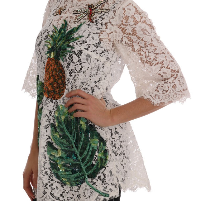 Dolce & Gabbana White Crystal Embellished Lace Blouse
