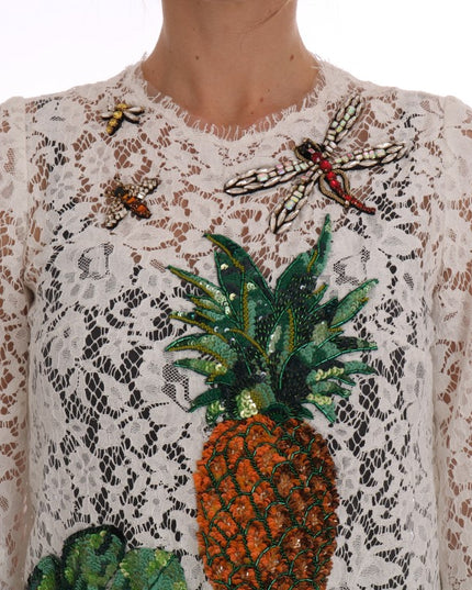 Dolce & Gabbana White Crystal Embellished Lace Blouse