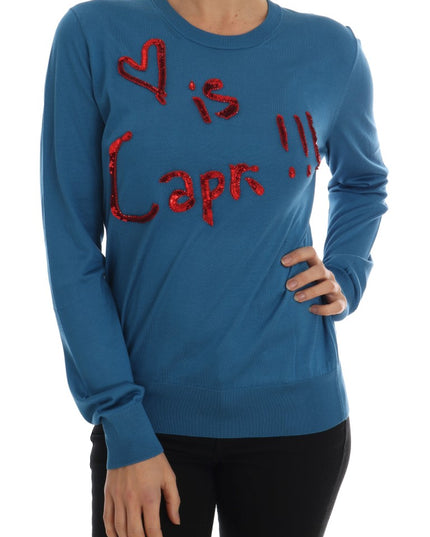 Dolce & Gabbana Blue Silk Love is Pullover Sweater
